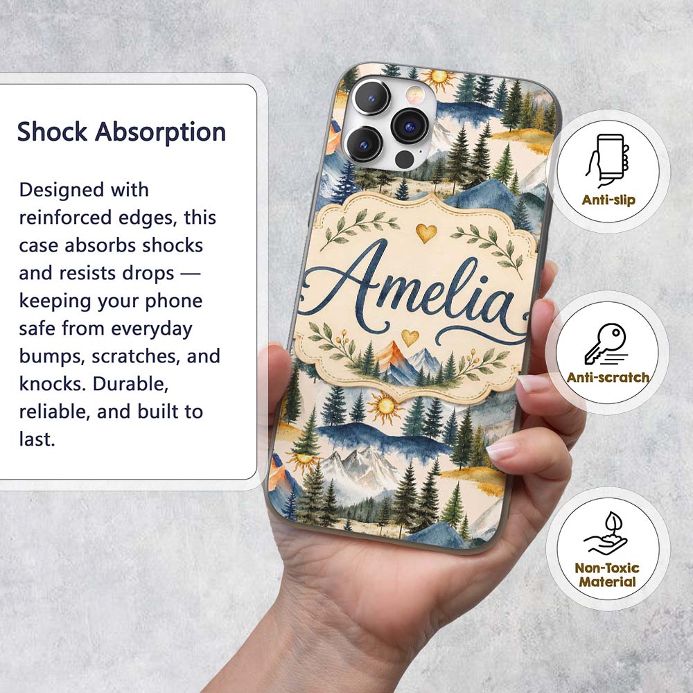 Watercolor Mountain Landscape Pine Trees Seamless Custom Name Protective Phone Case Mobile Cover Durable Everyday Smartphone Shock Resistant