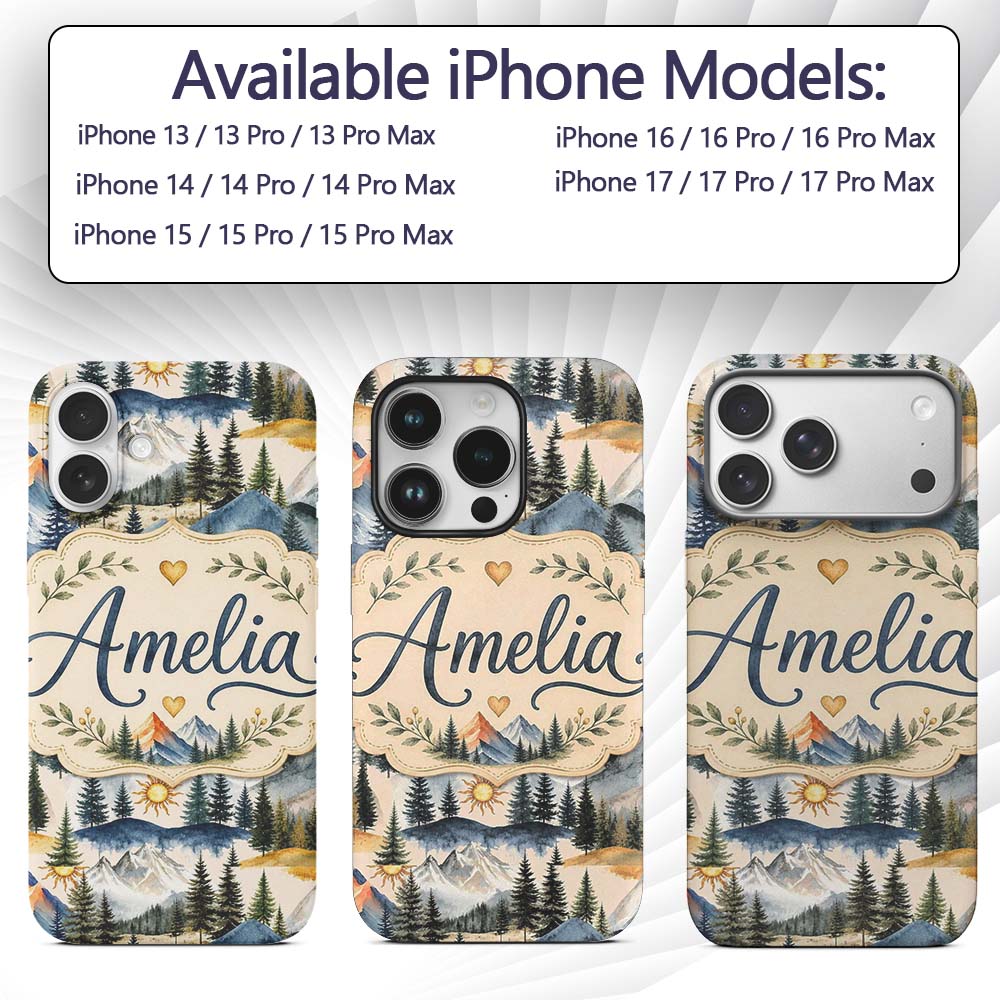 Watercolor Mountain Landscape Pine Trees Seamless Custom Name Protective Phone Case Mobile Cover Durable Everyday Smartphone Shock Resistant