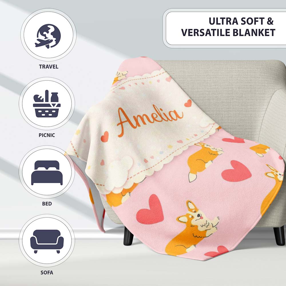 Playful Corgi Dogs Heart Seamless Pattern Perfect Gift for Her Personalised Custom Name Super Soft Fleece Blanket Bed Sofa Throw