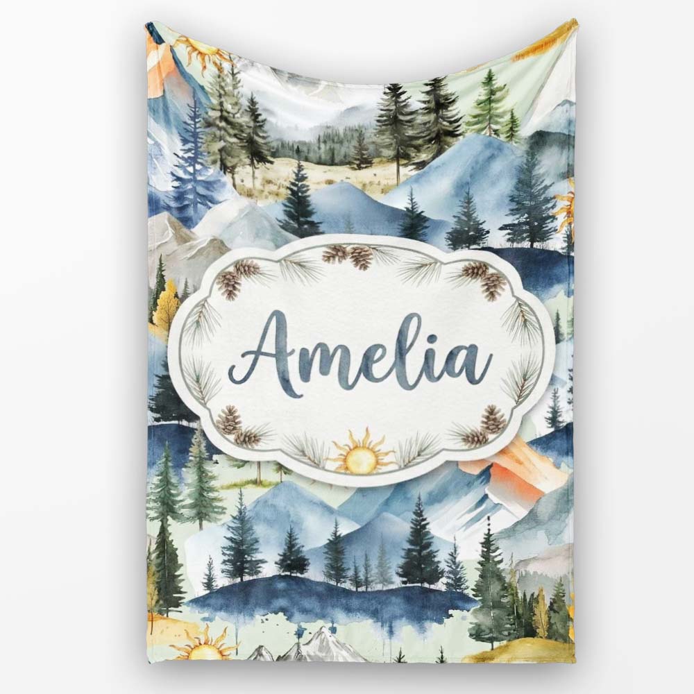 Watercolor Mountain Landscape Pine Trees Seamless Pattern Sage Personalised Custom Name Super Soft Fleece Blanket Bed Sofa Throw