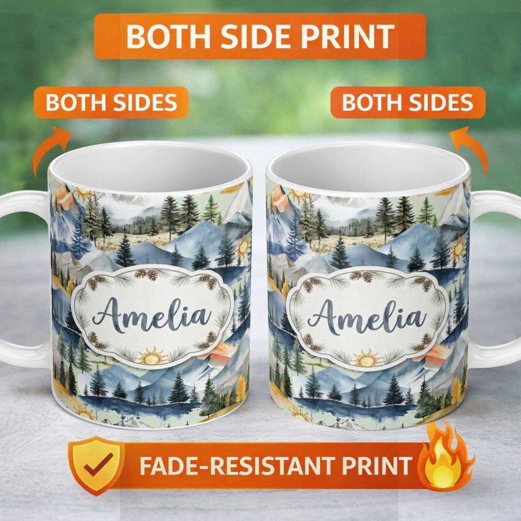 Personalized Custom Name Watercolor Mountain Landscape Pine Trees Seamless Pattern Sage 11oz Ceramic Coffee Tea Mug White Large Handle