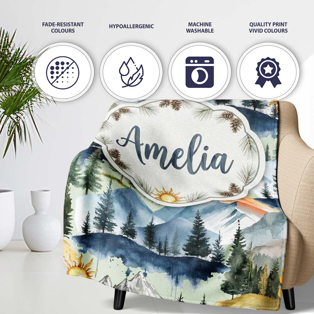 Watercolor Mountain Landscape Pine Trees Seamless Pattern Sage Personalised Custom Name Super Soft Fleece Blanket Bed Sofa Throw