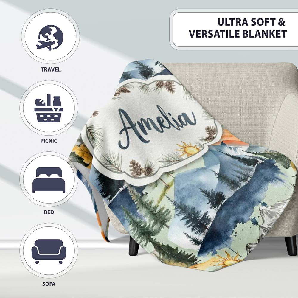 Watercolor Mountain Landscape Pine Trees Seamless Pattern Sage Personalised Custom Name Super Soft Fleece Blanket Bed Sofa Throw