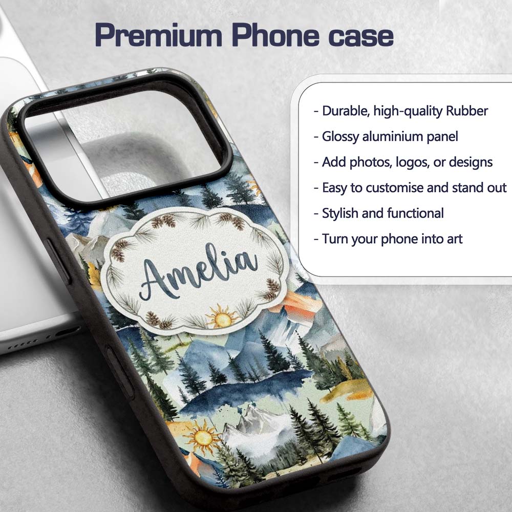 Watercolor Mountain Landscape Pine Trees Seamless Custom Name Protective Phone Case Mobile Cover Durable Everyday Smartphone Shock Resistant