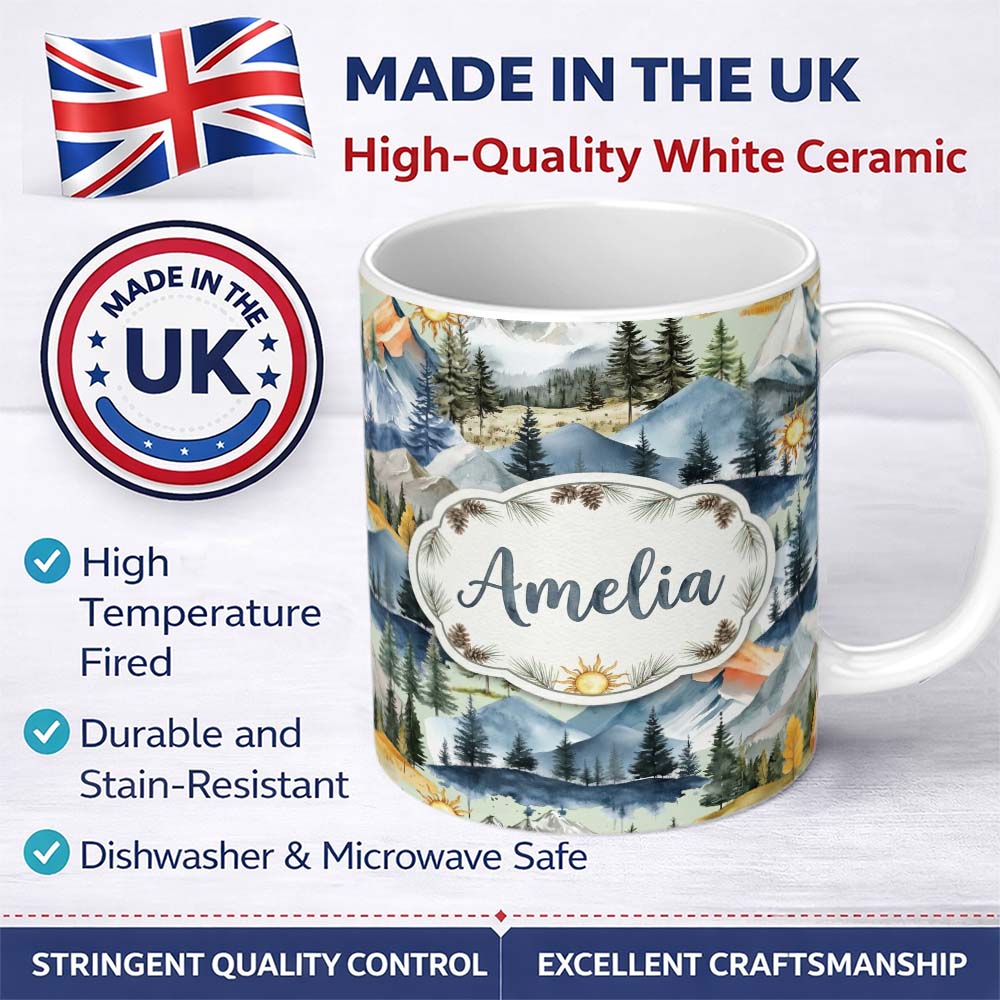 Personalized Custom Name Watercolor Mountain Landscape Pine Trees Seamless Pattern Sage 11oz Ceramic Coffee Tea Mug White Large Handle