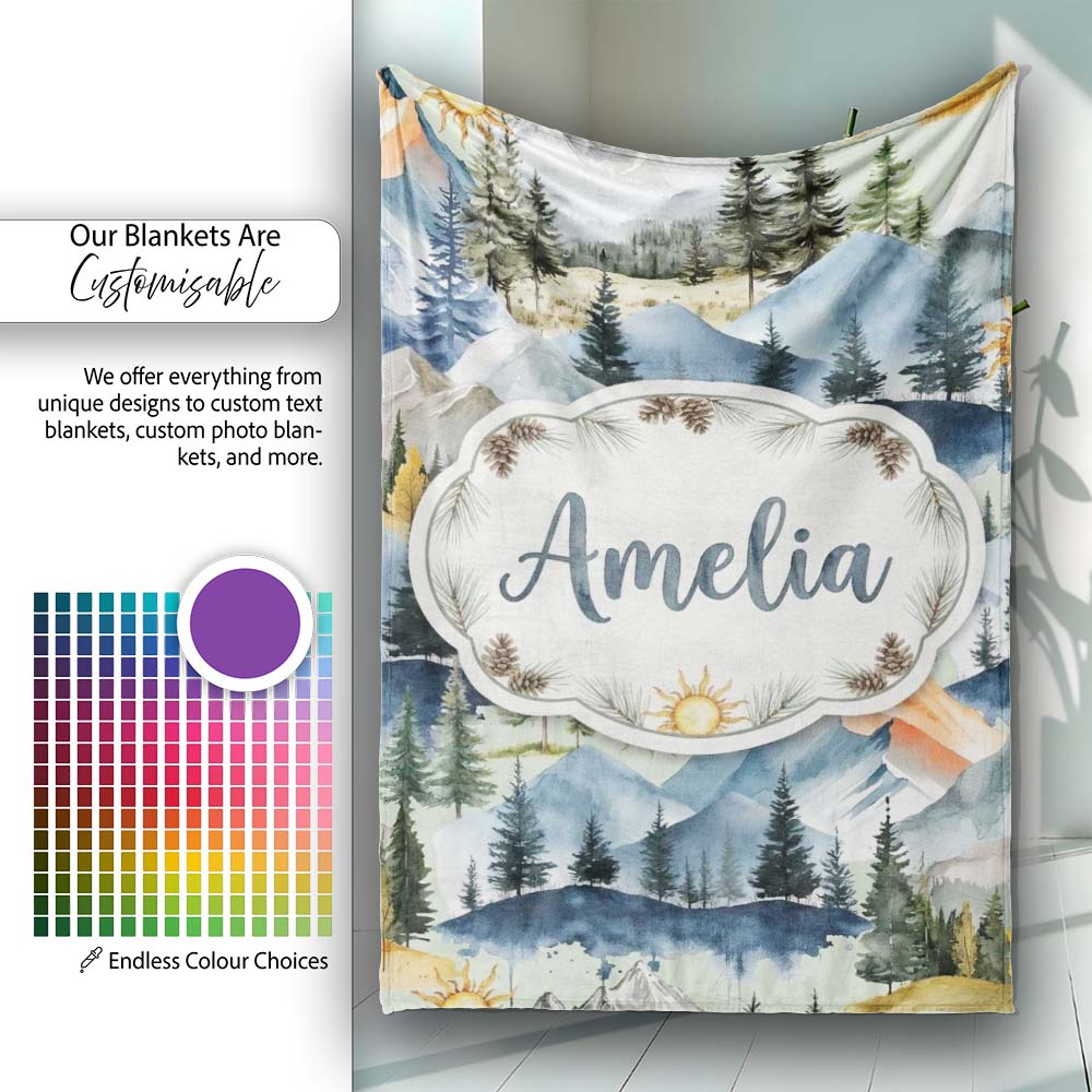 Watercolor Mountain Landscape Pine Trees Seamless Pattern Sage Personalised Custom Name Super Soft Fleece Blanket Bed Sofa Throw