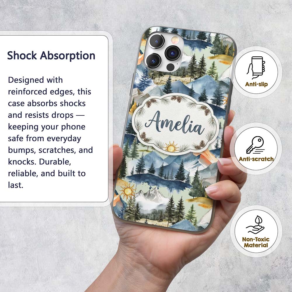 Watercolor Mountain Landscape Pine Trees Seamless Custom Name Protective Phone Case Mobile Cover Durable Everyday Smartphone Shock Resistant