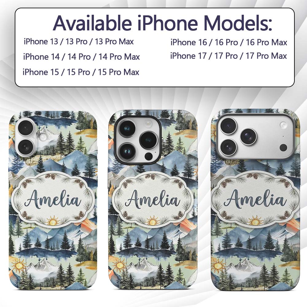 Watercolor Mountain Landscape Pine Trees Seamless Custom Name Protective Phone Case Mobile Cover Durable Everyday Smartphone Shock Resistant