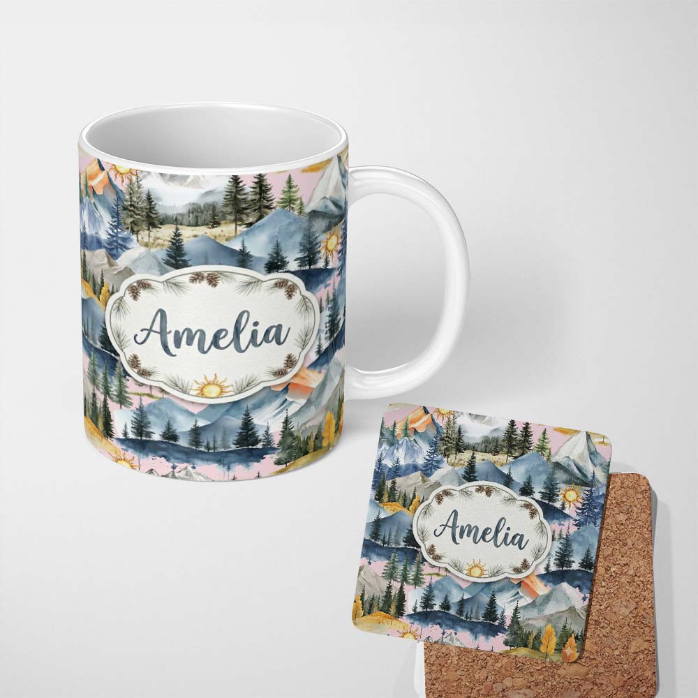 Personalized Custom Name Watercolor Mountain Forest Landscape Sunset Seamless Pattern Pink 11oz Ceramic Coffee Tea Mug White Large Handle