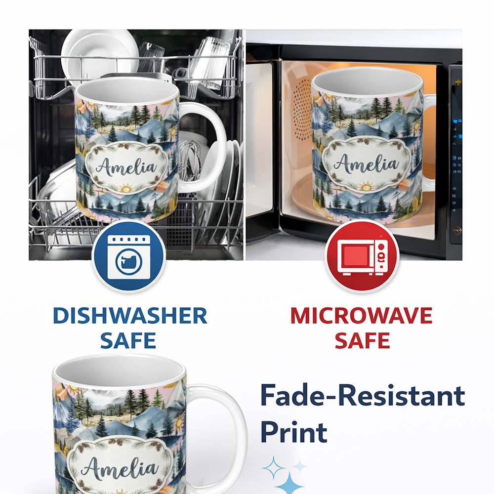 Personalized Custom Name Watercolor Mountain Forest Landscape Sunset Seamless Pattern Pink 11oz Ceramic Coffee Tea Mug White Large Handle