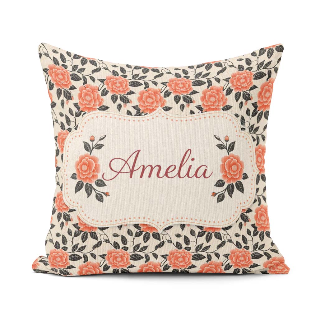 Custom Name Coral Camellia Botanical Background Seamless Pattern Square Filled Cushion Throw Pillow Sofa Bed Home Decor Zip Washable UK Made