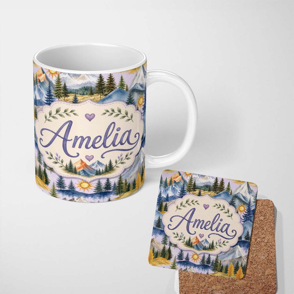 Personalized Custom Name Watercolor Mountain Forest Landscape Sunset Seamless Pattern Beige 11oz Ceramic Coffee Tea Mug White Large Handle