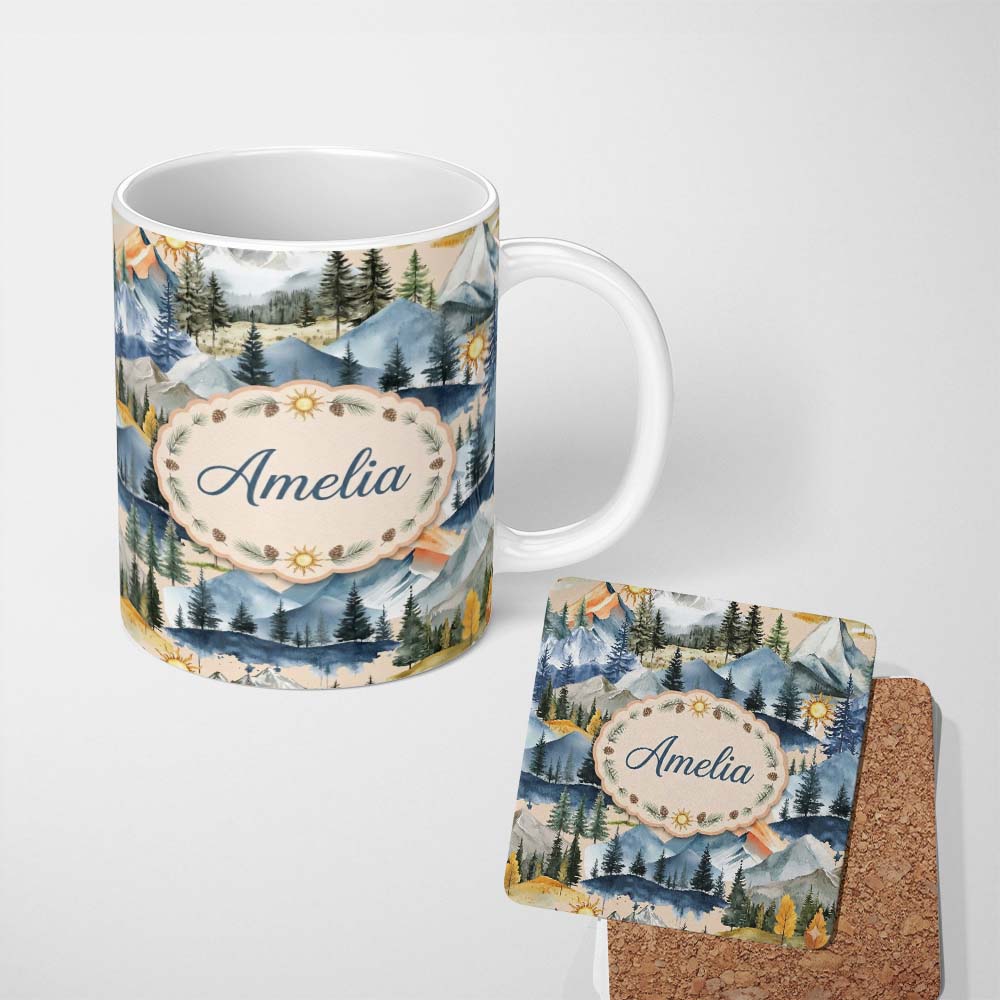 Personalized Custom Name Watercolor Mountain Forest Landscape Sunset Seamless Pattern Light 11oz Ceramic Coffee Tea Mug White Large Handle