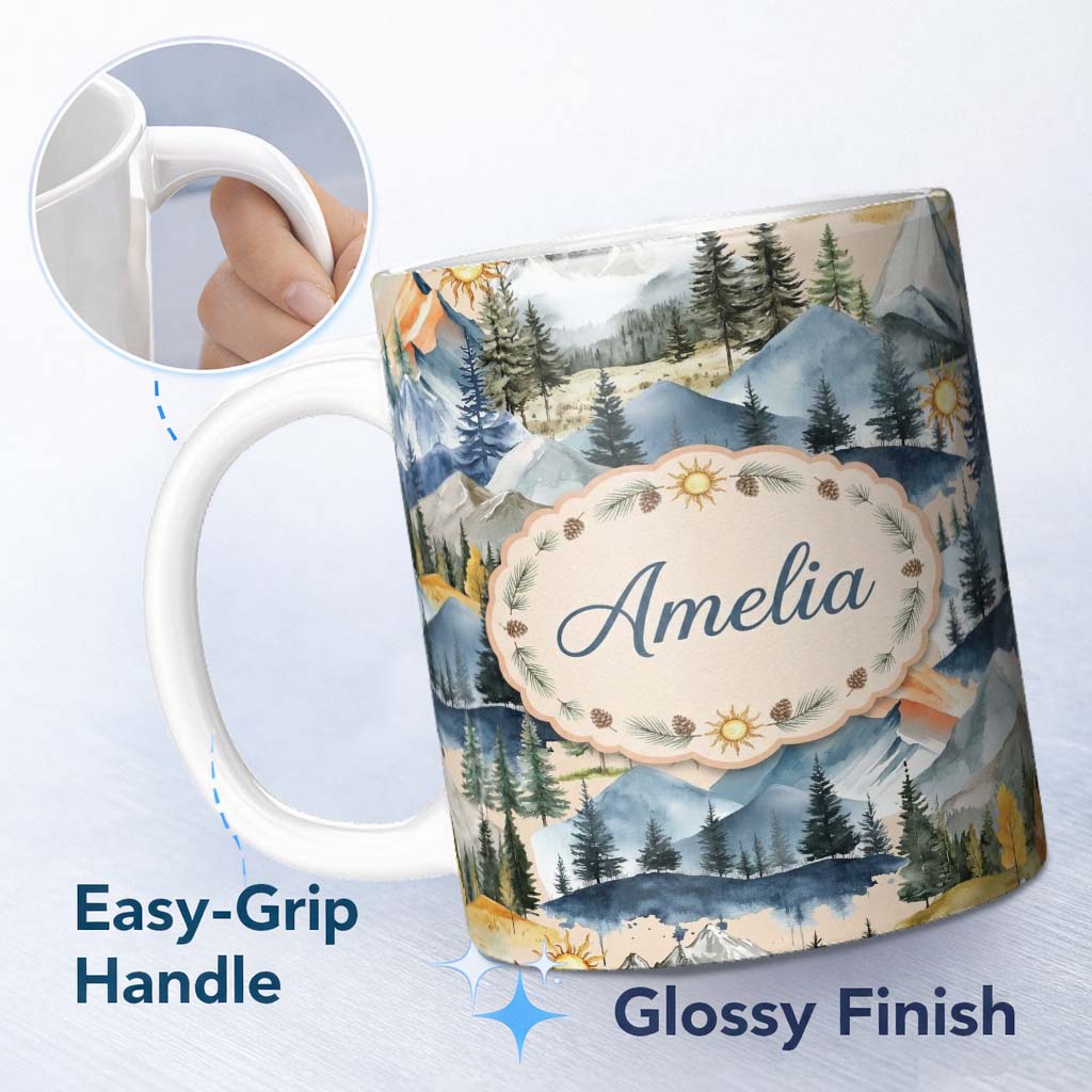 Personalized Custom Name Watercolor Mountain Forest Landscape Sunset Seamless Pattern Light 11oz Ceramic Coffee Tea Mug White Large Handle