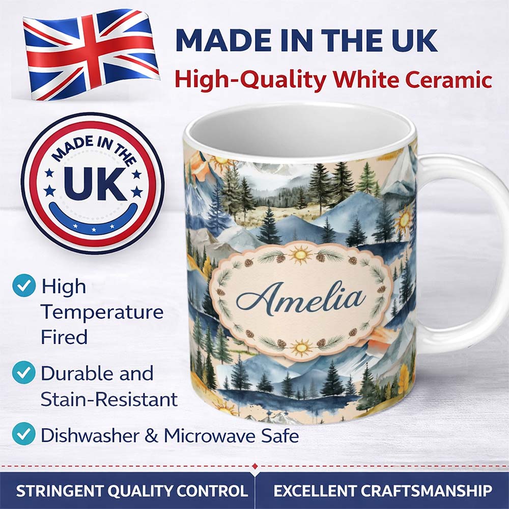 Personalized Custom Name Watercolor Mountain Forest Landscape Sunset Seamless Pattern Light 11oz Ceramic Coffee Tea Mug White Large Handle