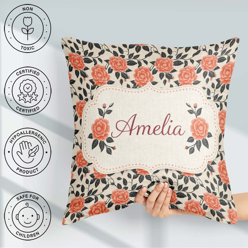 Custom Name Coral Camellia Botanical Background Seamless Pattern Square Filled Cushion Throw Pillow Sofa Bed Home Decor Zip Washable UK Made