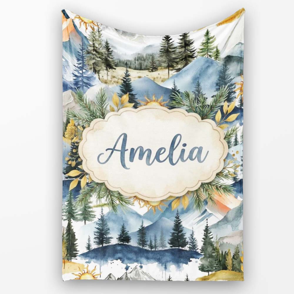 Watercolor Mountain Forest Landscape Sunset Seamless Pattern Cream Personalised Custom Name Super Soft Fleece Blanket Bed Sofa Throw
