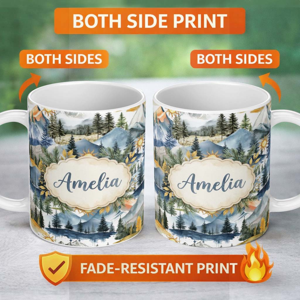 Personalized Custom Name Watercolor Mountain Forest Landscape Sunset Seamless Pattern Cream 11oz Ceramic Coffee Tea Mug White Large Handle