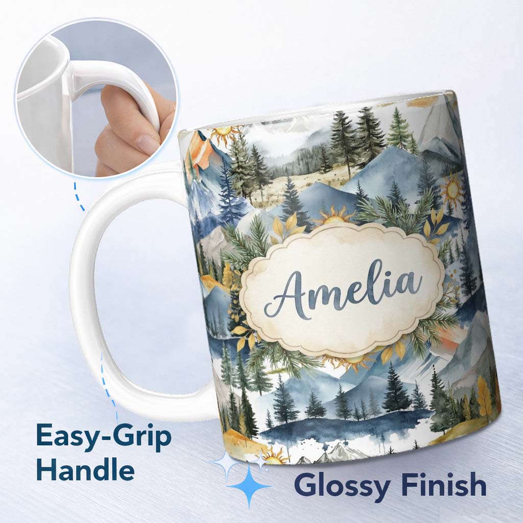 Personalized Custom Name Watercolor Mountain Forest Landscape Sunset Seamless Pattern Cream 11oz Ceramic Coffee Tea Mug White Large Handle