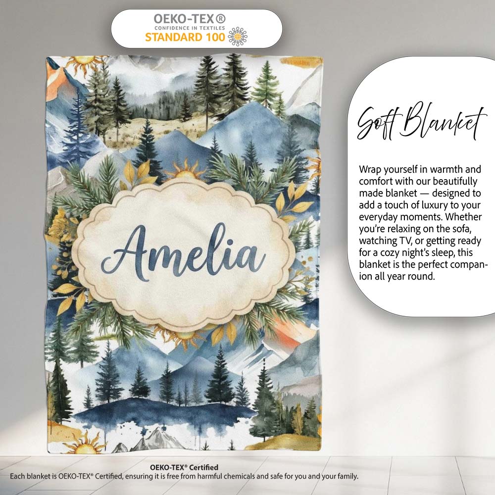 Watercolor Mountain Forest Landscape Sunset Seamless Pattern Cream Personalised Custom Name Super Soft Fleece Blanket Bed Sofa Throw