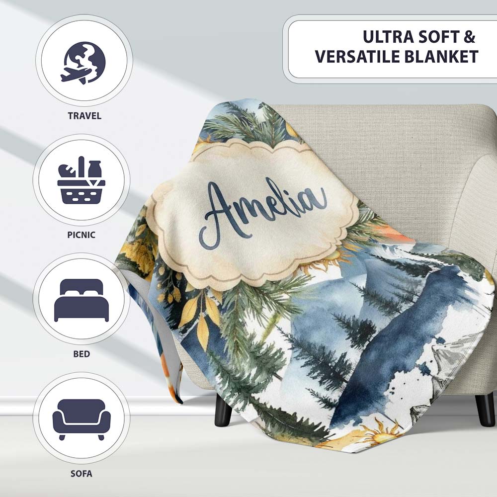 Watercolor Mountain Forest Landscape Sunset Seamless Pattern Cream Personalised Custom Name Super Soft Fleece Blanket Bed Sofa Throw