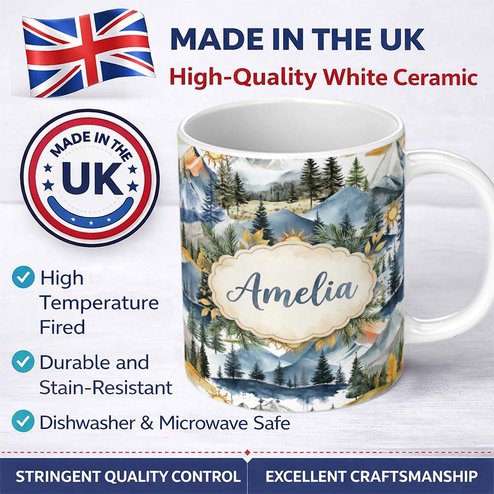 Personalized Custom Name Watercolor Mountain Forest Landscape Sunset Seamless Pattern Cream 11oz Ceramic Coffee Tea Mug White Large Handle