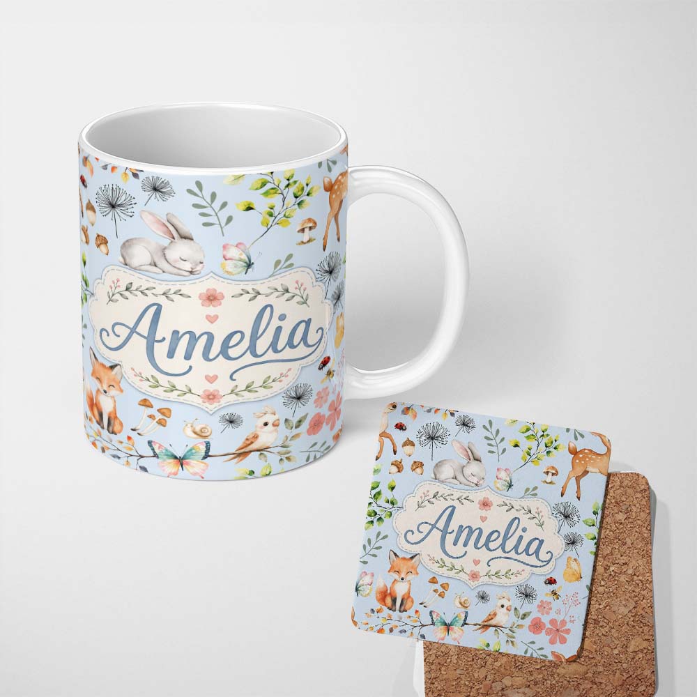 Personalized Custom Name Cute Woodland Animals Rabbit Fox Butterfly Seamless Pattern Blue 11oz Ceramic Coffee Tea Mug White Large Handle