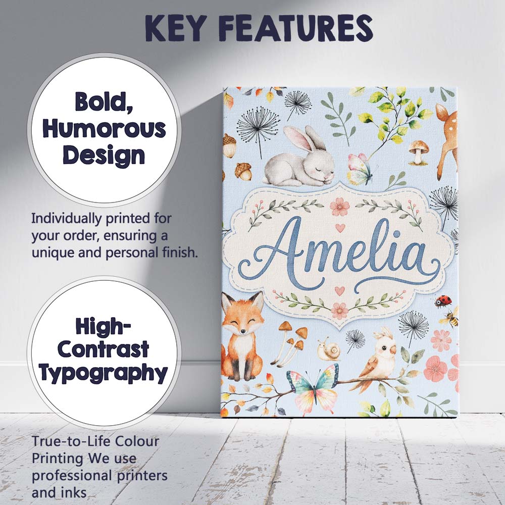 Personalised Name Cute Woodland Animals Custom Modern Room Accent Elegant Feature Canvas Wall Art Print Decor Picture Ready to Hang