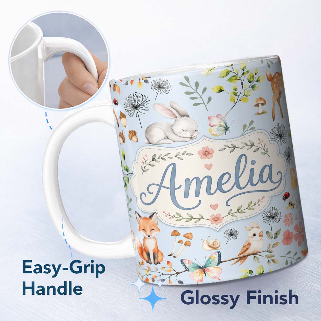 Personalized Custom Name Cute Woodland Animals Rabbit Fox Butterfly Seamless Pattern Blue 11oz Ceramic Coffee Tea Mug White Large Handle