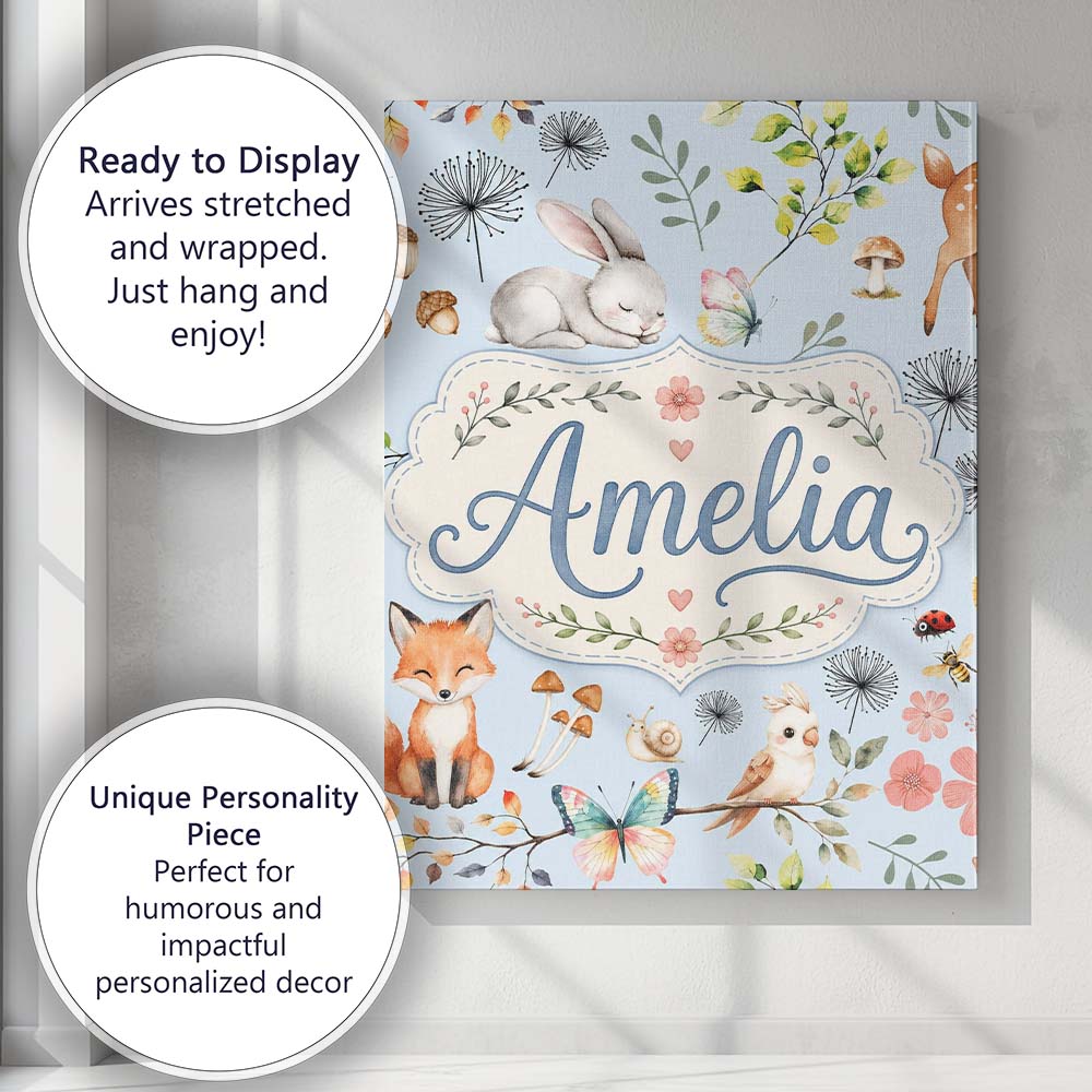 Personalised Name Cute Woodland Animals Custom Modern Room Accent Elegant Feature Canvas Wall Art Print Decor Picture Ready to Hang