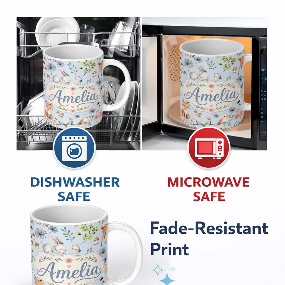 Personalized Custom Name Cute Woodland Animals Rabbit Fox Butterfly Seamless Pattern Blue 11oz Ceramic Coffee Tea Mug White Large Handle