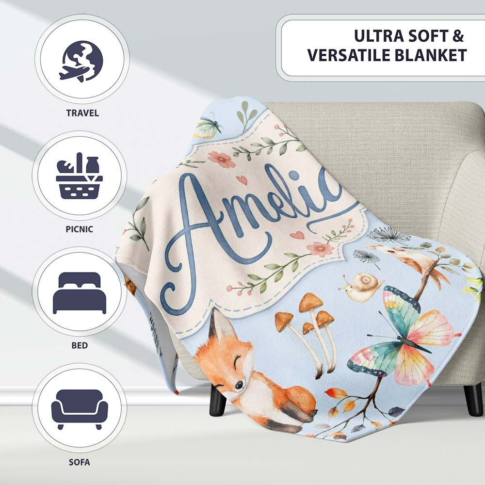 Cute Woodland Animals Rabbit Fox Butterfly Seamless Pattern Blue Personalised Custom Name Super Soft Fleece Blanket Bed Sofa Throw