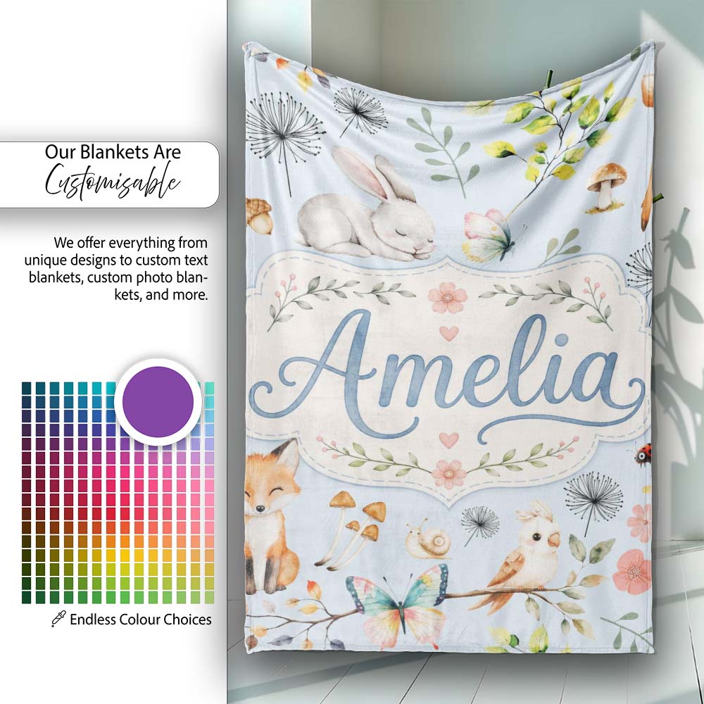 Cute Woodland Animals Rabbit Fox Butterfly Seamless Pattern Blue Personalised Custom Name Super Soft Fleece Blanket Bed Sofa Throw