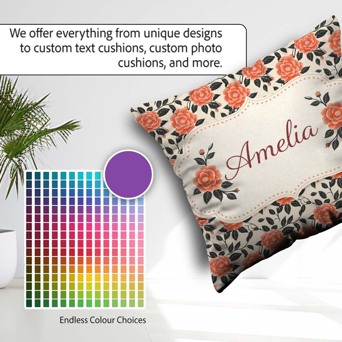 Custom Name Coral Camellia Botanical Background Seamless Pattern Square Filled Cushion Throw Pillow Sofa Bed Home Decor Zip Washable UK Made