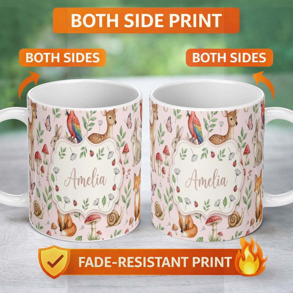 Personalized Custom Name Woodland Animals Rabbit Fox Butterfly Seamless Pattern Blush Pink 11oz Ceramic Coffee Tea Mug White Large Handle