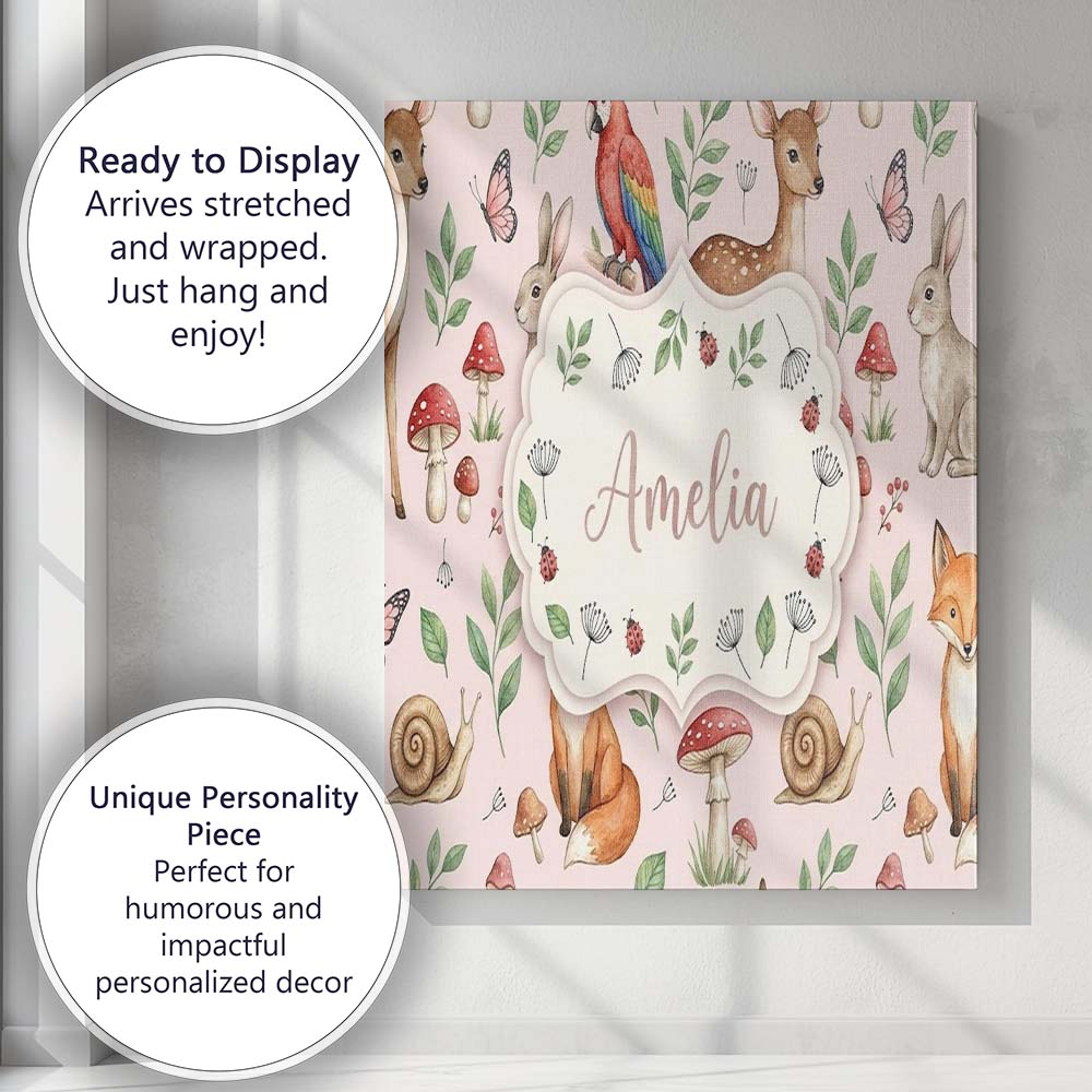 Personalised Name Woodland Animals Rabbit Custom Unique Gift Idea Elegant Feature Canvas Wall Art Print Decor Picture Ready to Hang
