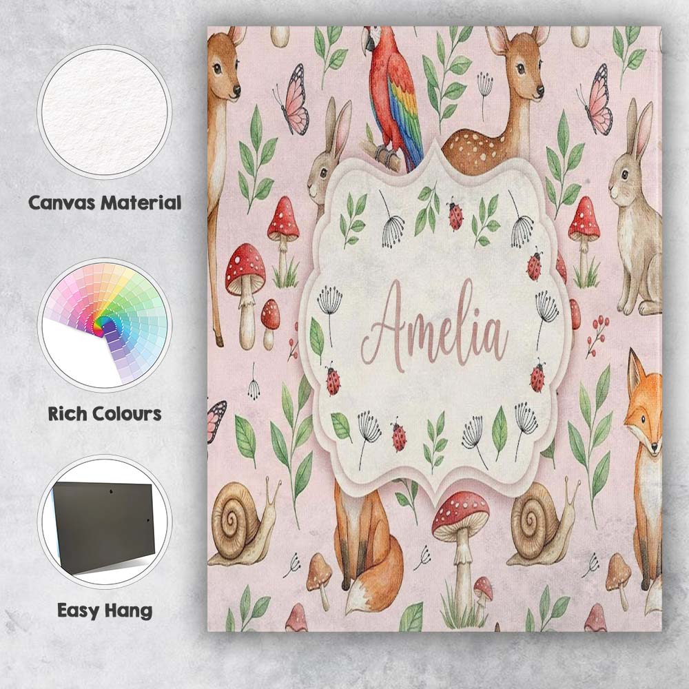 Personalised Name Woodland Animals Rabbit Custom Unique Gift Idea Elegant Feature Canvas Wall Art Print Decor Picture Ready to Hang