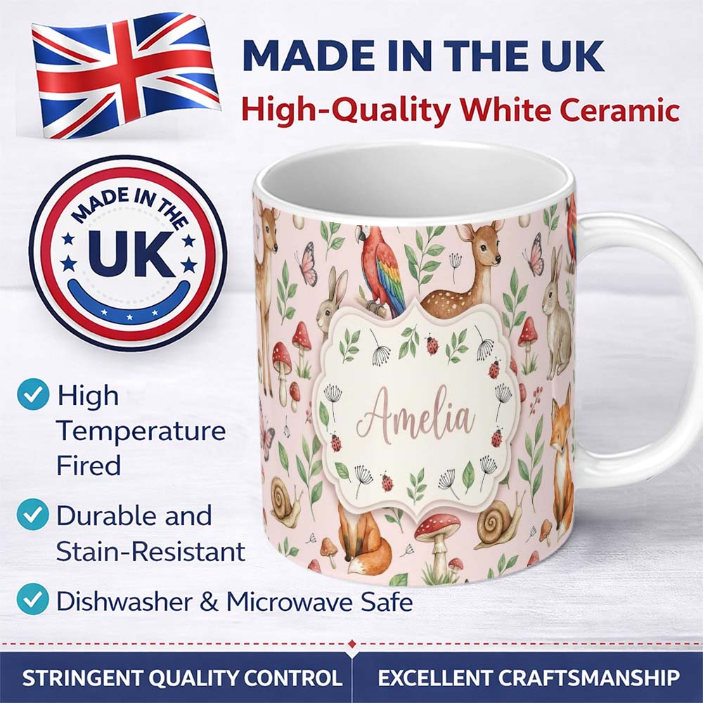 Personalized Custom Name Woodland Animals Rabbit Fox Butterfly Seamless Pattern Blush Pink 11oz Ceramic Coffee Tea Mug White Large Handle