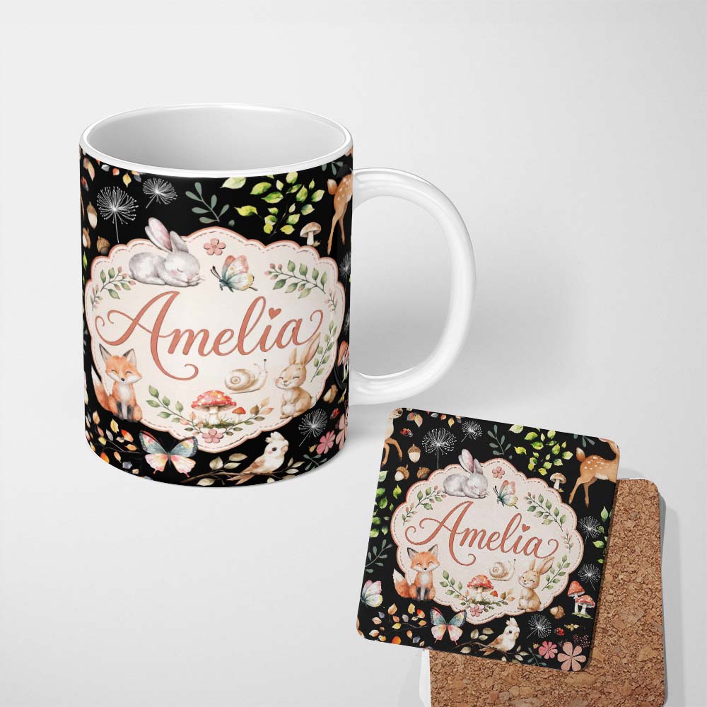 Personalized Custom Name Cute Woodland Animals Rabbit Fox Butterfly Seamless Pattern Black 11oz Ceramic Coffee Tea Mug White Large Handle