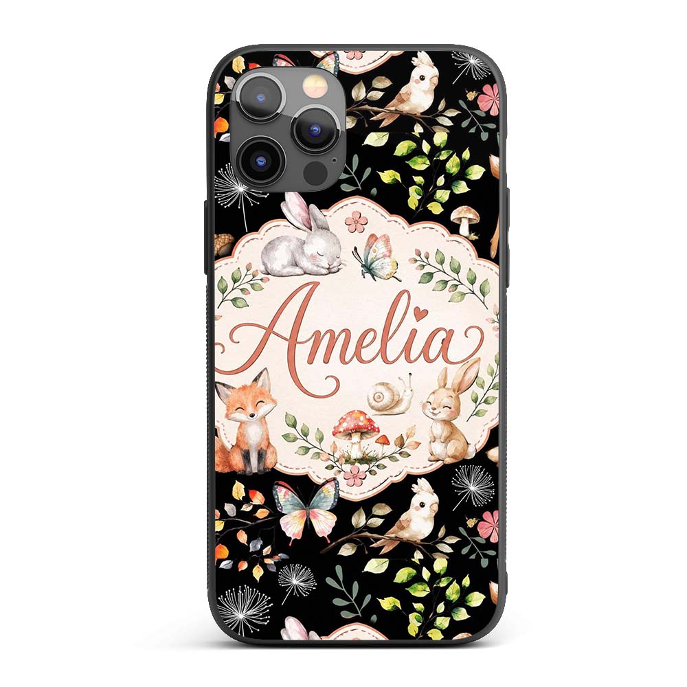 Cute Woodland Animals Rabbit Fox Printed Design Custom Name Protective Phone Case Mobile Cover Durable Everyday Smartphone Shock Resistant