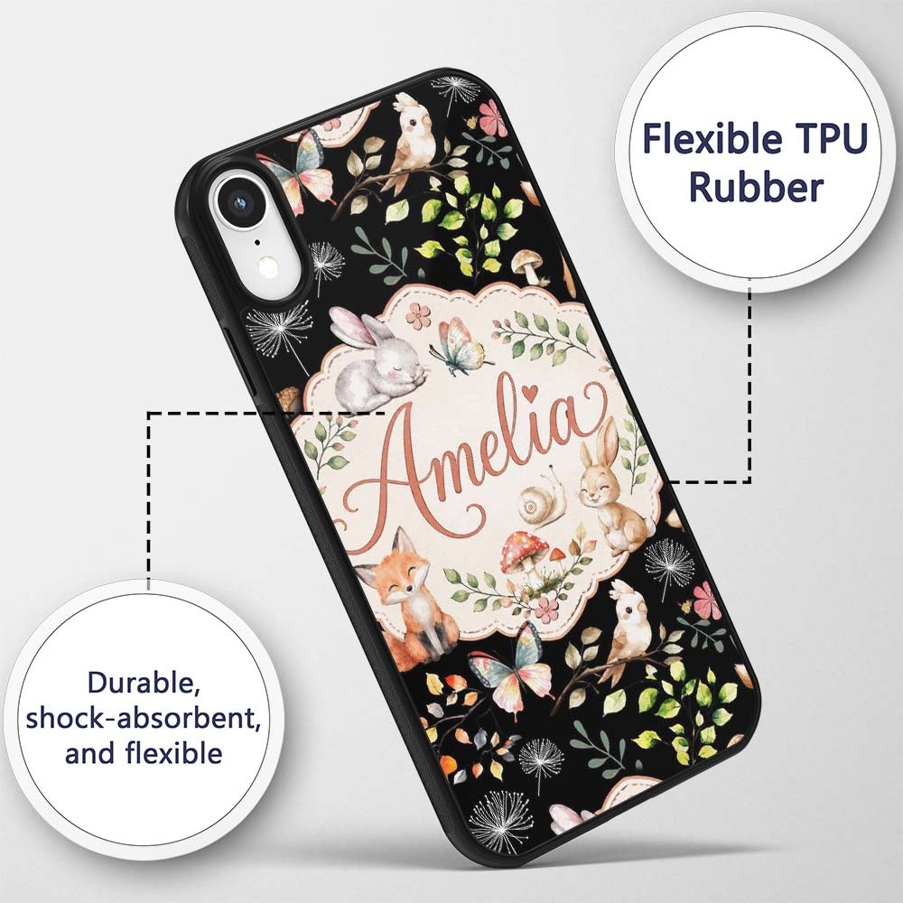 Cute Woodland Animals Rabbit Fox Printed Design Custom Name Protective Phone Case Mobile Cover Durable Everyday Smartphone Shock Resistant