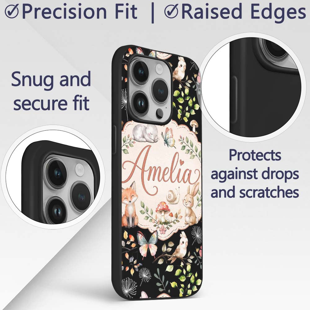 Cute Woodland Animals Rabbit Fox Printed Design Custom Name Protective Phone Case Mobile Cover Durable Everyday Smartphone Shock Resistant