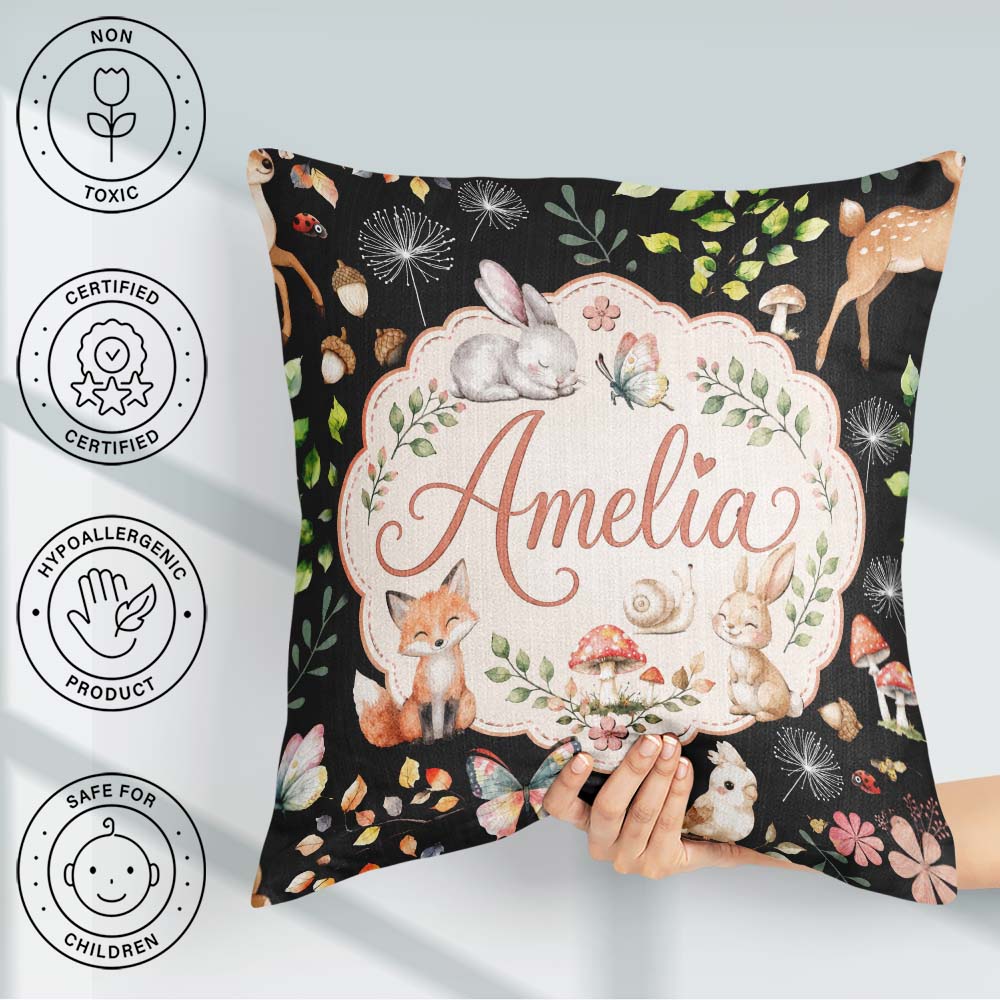 Custom Name Woodland Animals Rabbit Fox Butterfly Seamless Black Square Filled Cushion Throw Pillow Sofa Bed Home Decor Zip Washable UK Made