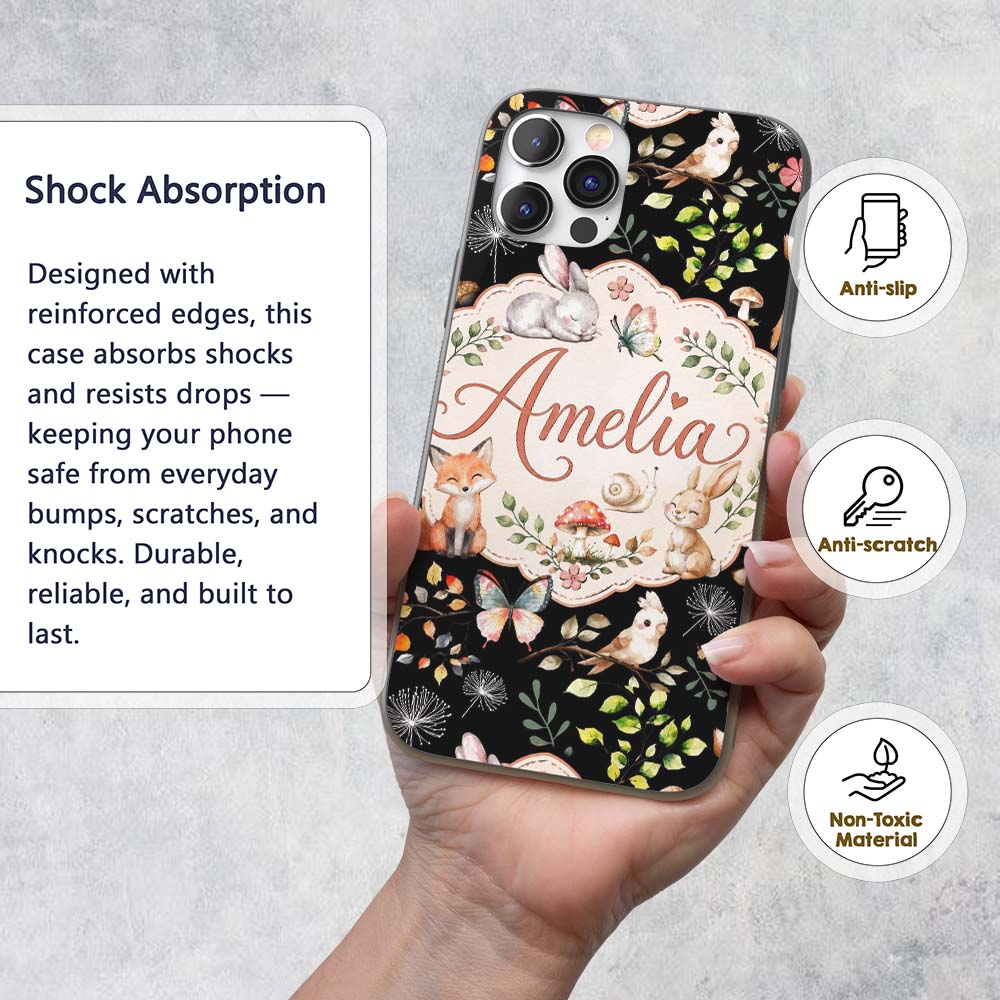 Cute Woodland Animals Rabbit Fox Printed Design Custom Name Protective Phone Case Mobile Cover Durable Everyday Smartphone Shock Resistant
