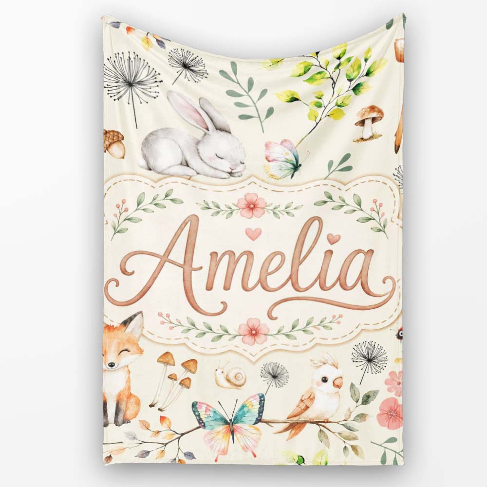 Woodland Animals Rabbit Fox Butterfly Seamless Pattern Sage Green Personalised Custom Name Super Soft Fleece Blanket Bed Sofa Throw