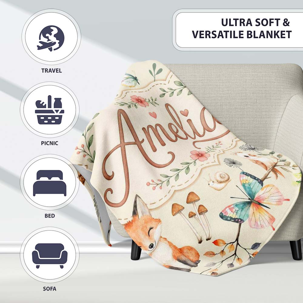 Woodland Animals Rabbit Fox Butterfly Seamless Pattern Sage Green Personalised Custom Name Super Soft Fleece Blanket Bed Sofa Throw