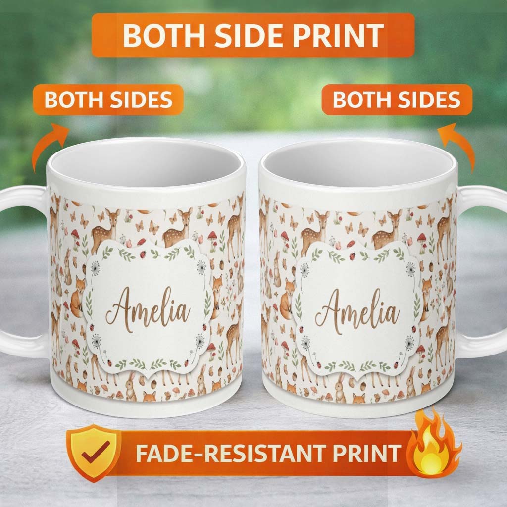 Personalized Custom Name Cute Woodland Animals Rabbit Fox Butterfly Seamless Pattern Cream 11oz Ceramic Coffee Tea Mug White Large Handle