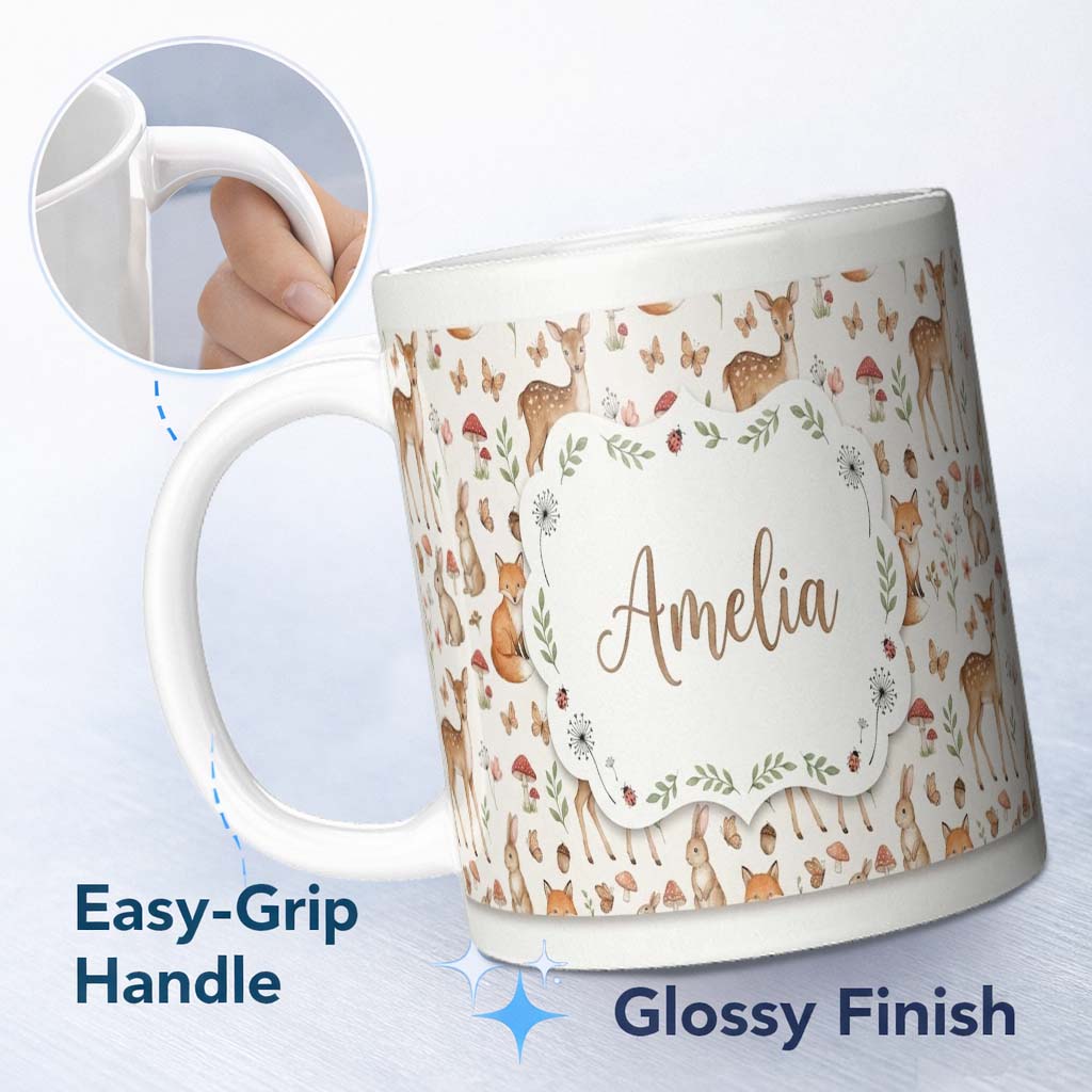 Personalized Custom Name Cute Woodland Animals Rabbit Fox Butterfly Seamless Pattern Cream 11oz Ceramic Coffee Tea Mug White Large Handle