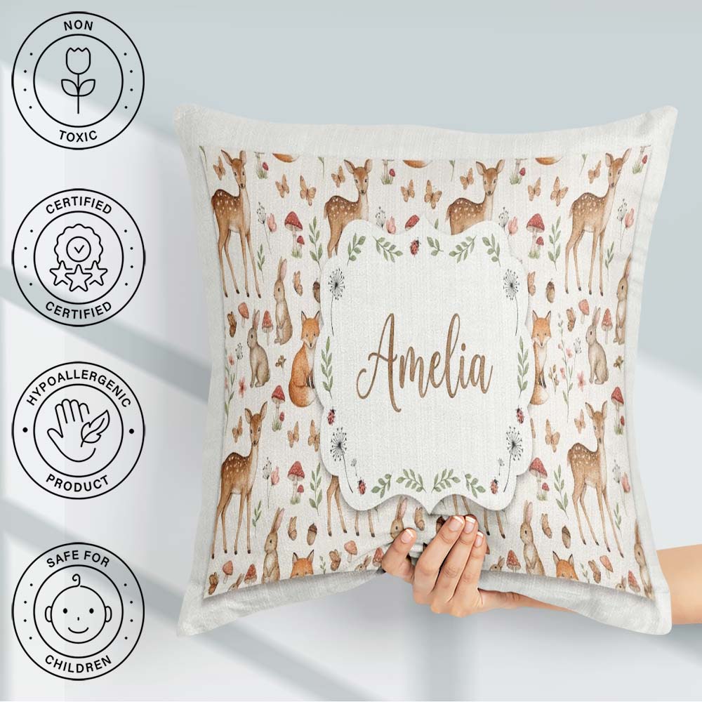 Custom Name Woodland Animals Rabbit Fox Butterfly Seamless Cream Square Filled Cushion Throw Pillow Sofa Bed Home Decor Zip Washable UK Made