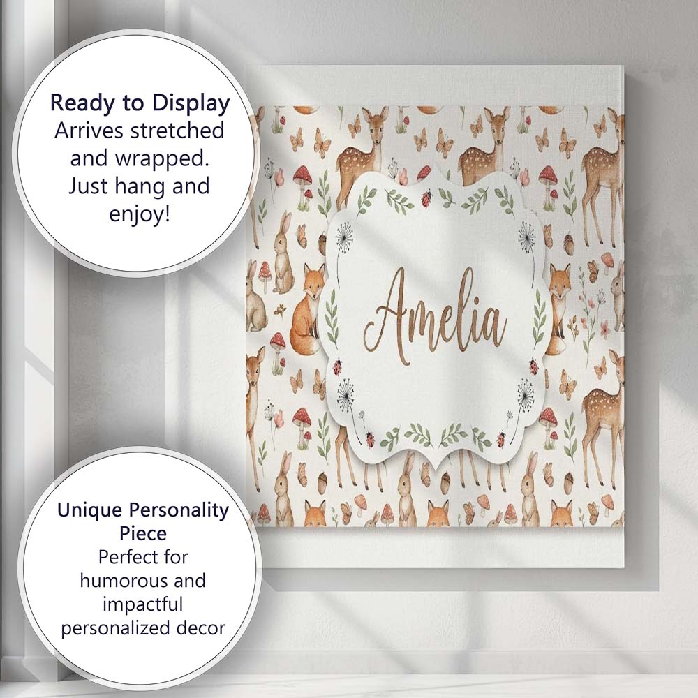 Personalised Name Cute Woodland Animals Custom Modern Room Accent Elegant Feature Canvas Wall Art Print Decor Picture Ready to Hang